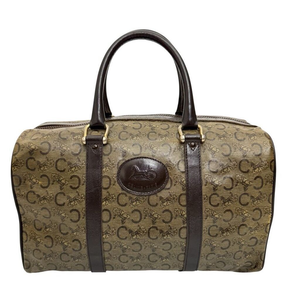 Celine Women's Authentic Patented Coated Canvas Boston Bag w Leather Trim Brown-
